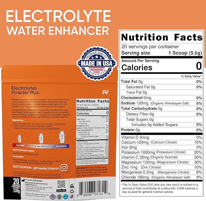 PowderVitamin Electrolytes Powder Plus (20 Servings) Mango Passionfruit Electrolyte Powder Zero Calorie Keto,0 Sugar,No Maltodextrin,1000mg Potassium,120mg Calcium,120mg Magnesium, Pink Himalayan Salt
