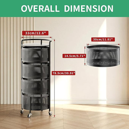 JAQ No Assembly Integrated Vegetable Storage Rack, 4-Tier Rotating Fruit Basket with Wheels, Solid Carbon Steel Kitchen Storage Cart for Potato Onion Produce, Fruteros para Cocina, Black
