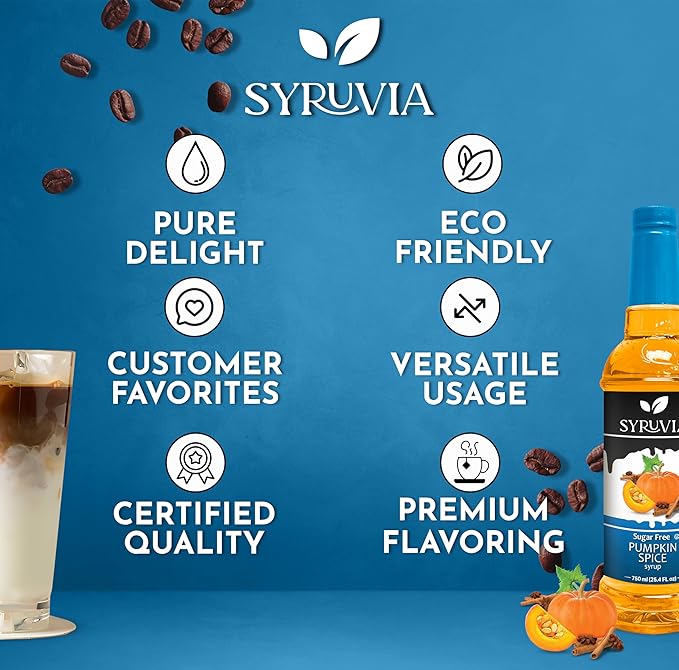 Syruvia Sugar Free Pumpkin Spice Coffee Syrup, Flavored Syrup for Drinks, Lattes, and Desserts – 25.4 fl oz, With Pump