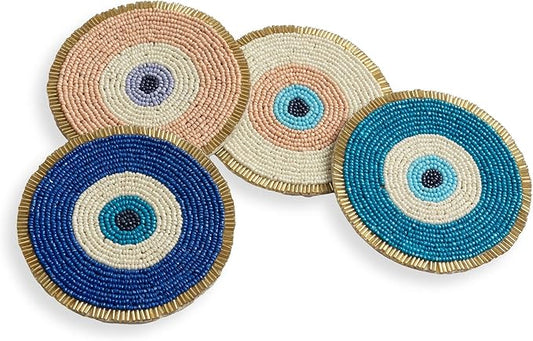 Folkulture Hand-Crafted Evil Eye Beaded Coasters Set of 4 | Handmade Round Drink Coasters for Coffee Table & Bar | Boho Modern Home Décor | Housewarming Gifts, Valentine Gifts