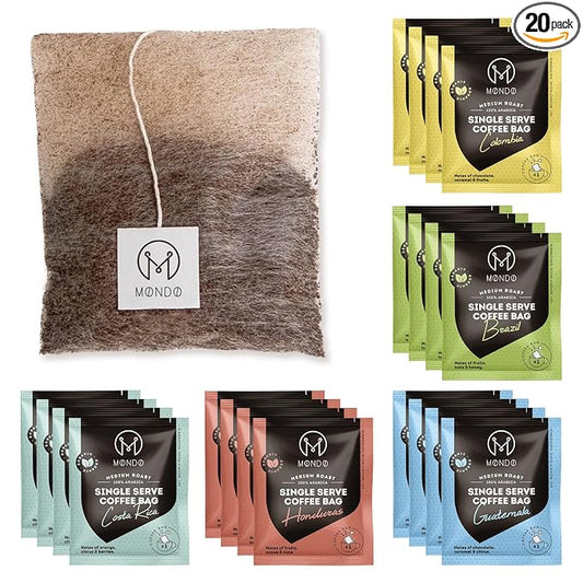 Mondo Single Serve Coffee Bags (20 Cups) Variety Pack - Organic, Medium Roast - Disposable, Portable Coffee Filters for Camping and Travel, Sampler Box of 5 Ground Coffee Flavors