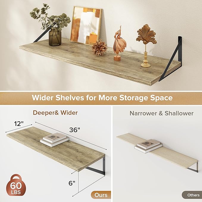 Deep Floating Shelves Wall Mounted, 36"x12" Gray Wall Shelves with Brackets Set of 2 for Bedroom, Living Room, Bathroom, Kitchen, Office - Storage & Display Shelf for Decor, Books, Plants
