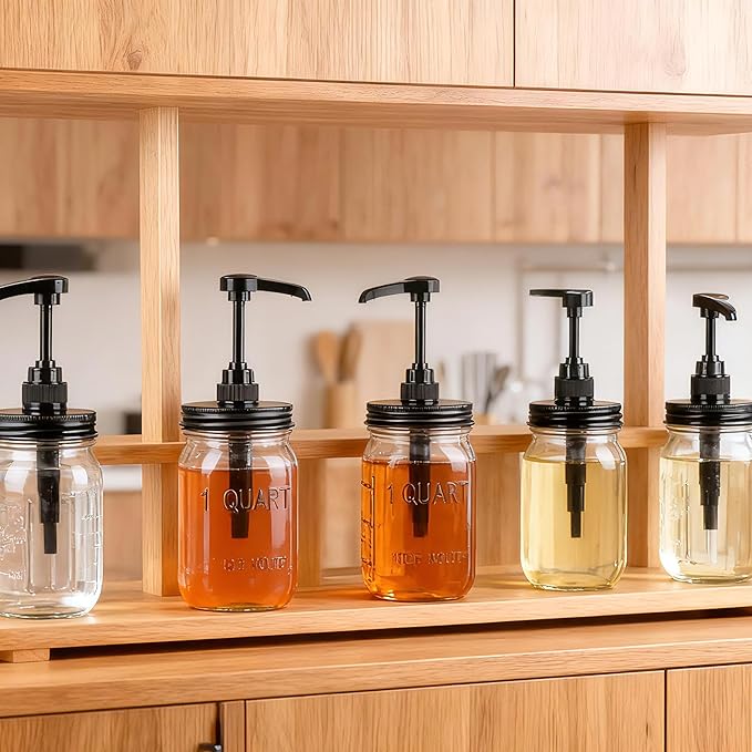 Mason Jar Syrup Dispenser Wide Mouth Maple Sauce Pump Dispenser Airtight And Leakproof Syrup Pump Glass Bottle For Coffee Bar 32 Oz Sauce Container For Ketchup Salad Honey Soy Bbq Olive Oil