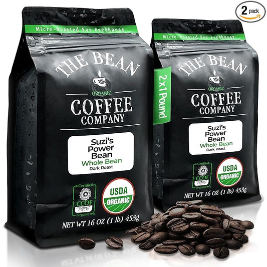 The Bean Organic Coffee Company Suzi's Power Bean, Dark Roast, Whole Bean Coffee, 16-Ounce Bags (Pack of 2)