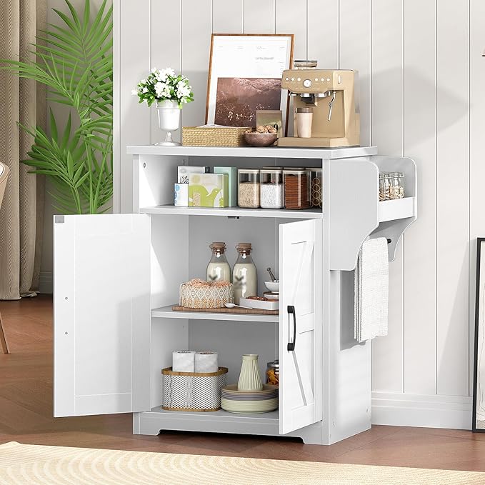 Coffee Bar Cabinet, Kitchen Island with Storage, Farmhouse Sideboard Buffet Cabinet with Dual-Purpose Floating Shelf and Hooks, for Kitchen, Restaurant, Living Room, White KF22WT