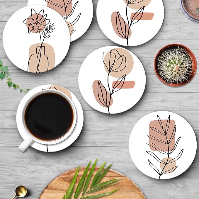 Britimes Table Coaster for Drinks Set of 6, Flowers Beauty Woman Boho One Coffee Absorbent Round Ceramic Stone Mat, with Cork Base and Metal Holder, Gift for Housewarming Room Bar Decor