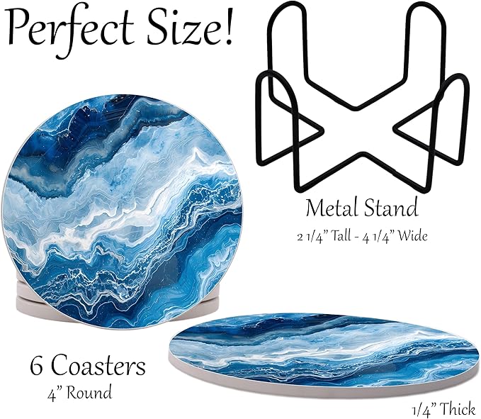 Blue Agate Marble Round Coasters Set of 6 - Abosrbent Ceramic Coasters with Metal Stand for Drinks, Coffee, Non-Slip Cork Back for Tabletop Protection, 4 Inches Marbled Pattern (Marble)