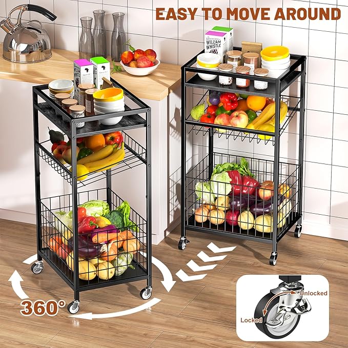 Fruit Vegetable Cart, 3-Tier Snack Kitchen Cart on Wheels & Wood Top, Utility Shelf Rack Organizer for Fruit, Vegetables, Potato, Snack, Black