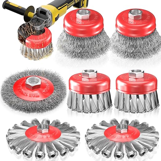 BURMONG 7 PCS Wire Wheel Brush for 4-1/2" Angle Grinder, Carbon Steel Knotted & Crimped Cup/Wheel Brushes (3" & 4"), Heavy Duty Rust, Paint, Corrosion Removal, 5/8"-11 UNC Threaded Arbor