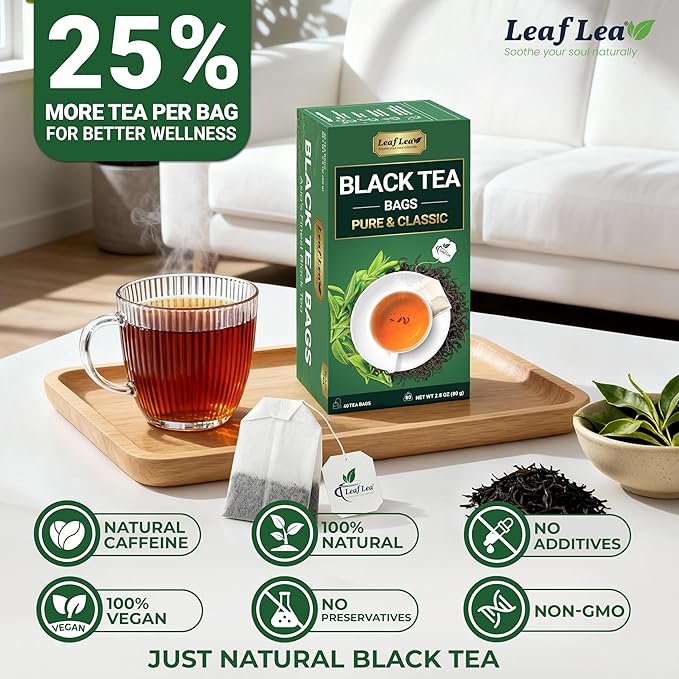 LeafLea 40 Black Tea Bags, Premium Full-Bodied Black Tea Leaves, Strong Robust and Flavoury, Digestive Ease & Natural Alertness with Caffeine, Sugar-Free, Vegan, Individually Wrapped