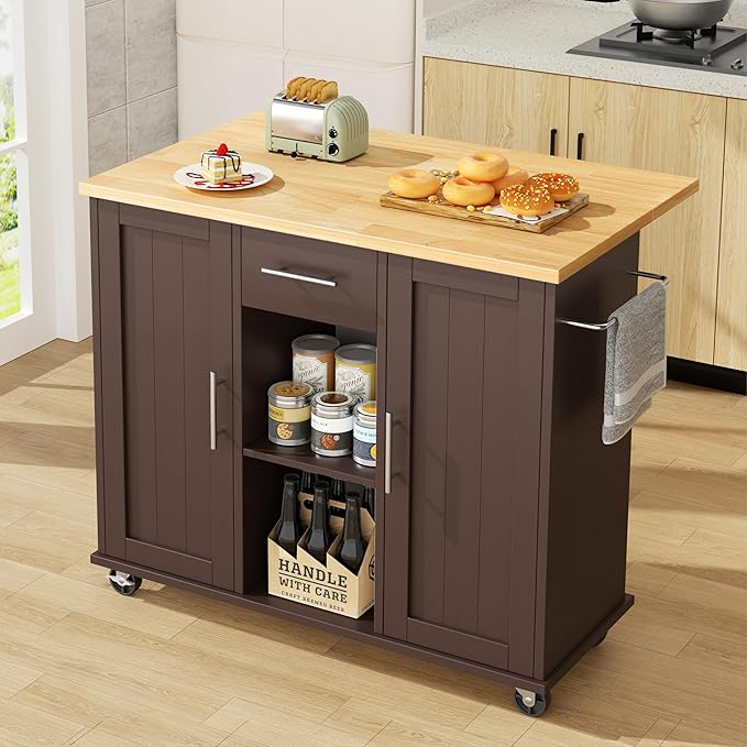 JY QAQA 42" Kitchen Island with Storage on Wheels, Rolling Table with Drop Leaf, Drawers, Cart Handle for Towel Rack or Free Movement, Brown
