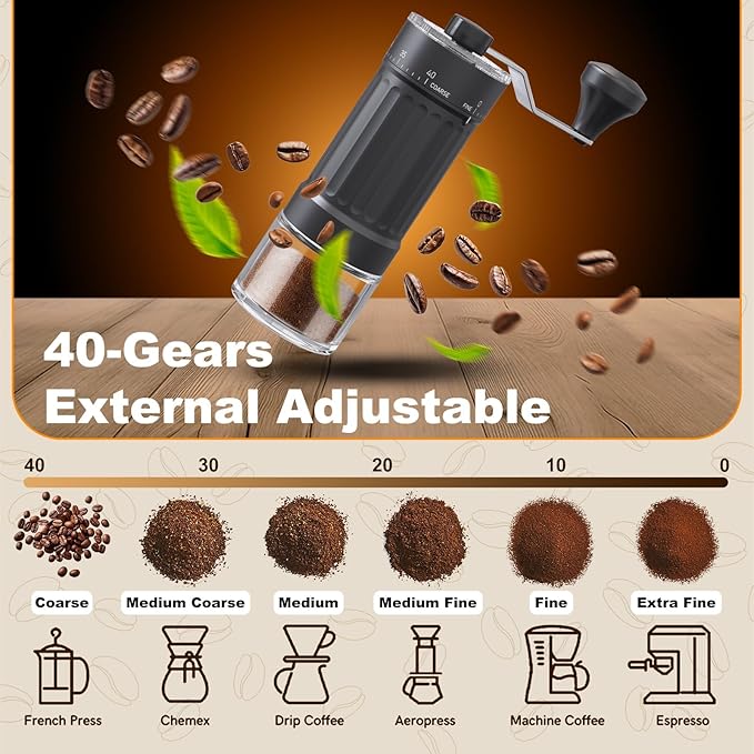 Manual Coffee Grinder, 40 Levels External Adjustment, Portable Hand Coffee Bean Mill, Ceramic Burr Coffee Grinder
