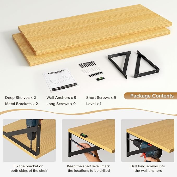 Deep Floating Shelves Wall Mounted, 30"x12" Oak Wall Shelves with Brackets Set of 2 for Bedroom, Living Room, Bathroom, Kitchen, Office - Storage & Display Shelf for Decor, Books, Plants