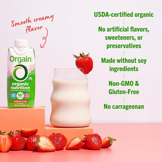 Orgain Organic Nutritional Protein Shake,Strawberries & Cream - 16g Grass Fed Whey Protein,Meal Replacement,20 Vitamins & Minerals,Fruits-& Vegetables,Gluten Free,Non-GMO,11 Fl Oz,(Pack of 24)