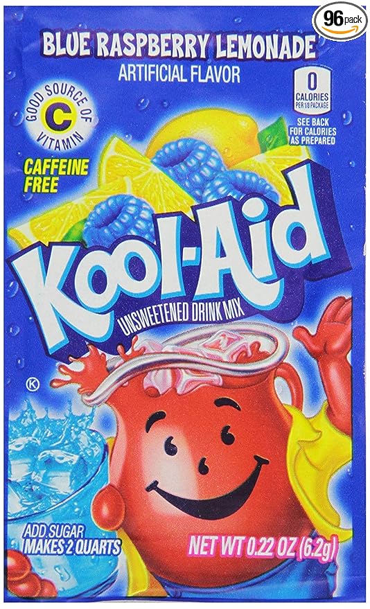 Kool-Aid Unsweetened Blue Raspberry Lemonade Artificially Flavored Powdered Drink Mix, 0.2 Ounce (Pack of 96)