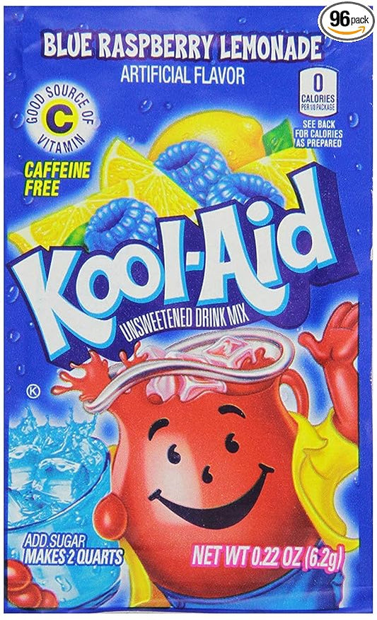 Kool-Aid Unsweetened Blue Raspberry Lemonade Artificially Flavored Powdered Drink Mix, 0.2 Ounce (Pack of 96)