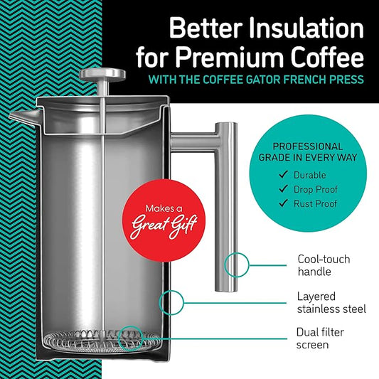 Coffee Gator 304 Grade Stainless Steel French Press Coffee Maker 34 oz, Double Wall Insulated Teapot with 4-Level Filtration System, Include Travel Jar Canister, Rust-Free, Dishwasher Safe, Silver