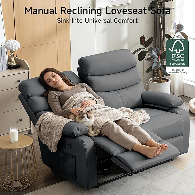 Reclining Loveseat, Anti-Scratch Leather Double Recliner Sofa with Side Pocket, Wall Hugger Loveseat Recliner for Living Room, RV, Home Theater(Grey)