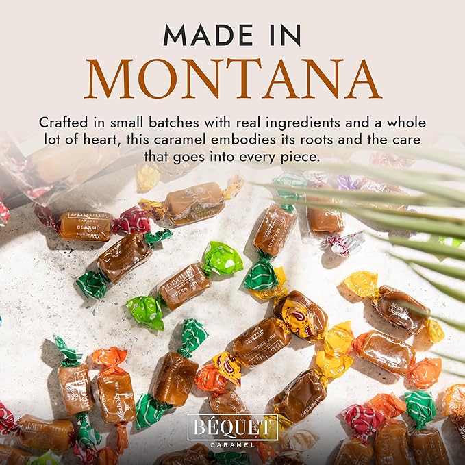 Béquet Assorted Caramels - Gourmet Individually Wrapped Candy Variety Pack - Celtic Sea Salt, Salt Chocolate, Classic Vanilla, Butterscotch, Green Apple, Salted Mocha & Salted Butterscotch - 8 oz Gift Bag