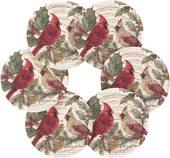Christmas Coasters with Holder Red Cardinals Berry Winter Postcard Coasters Set of 6 Cotton Woven Absorbent Cup Coaster Xmas Holiday Party Table Decor 4 Inches