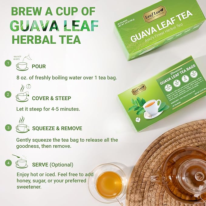 LeafLea 120 Guava Leaf Tea Bags, Premium Natural Herbal Tea, 100% Hojas De Guayaba, Caffeine-Free, Non-GMO, Supports Digestion & Immune Health, Packed with Natural Goodness