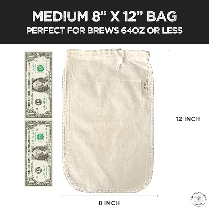 (2-Pack, Medium 8in x 12in) Organic Cotton Cold Brew Coffee Bag - Designed in California - Reusable Coffee Filter with EasyOpen Drawstring Cold Brew Maker for Pitchers, Mason Jars, & Toddy Systems