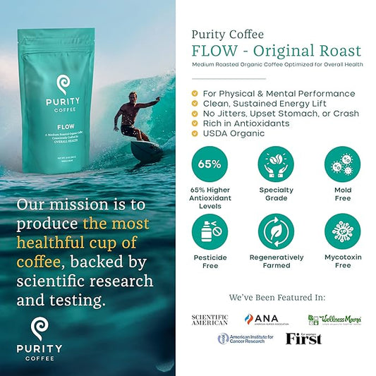 Purity Coffee FLOW Medium Roast Organic Coffee - USDA Certified Organic Specialty Grade Arabica Whole Bean Coffee - Third Party Tested for Mold, Mycotoxins and Pesticides - 12 oz Bag