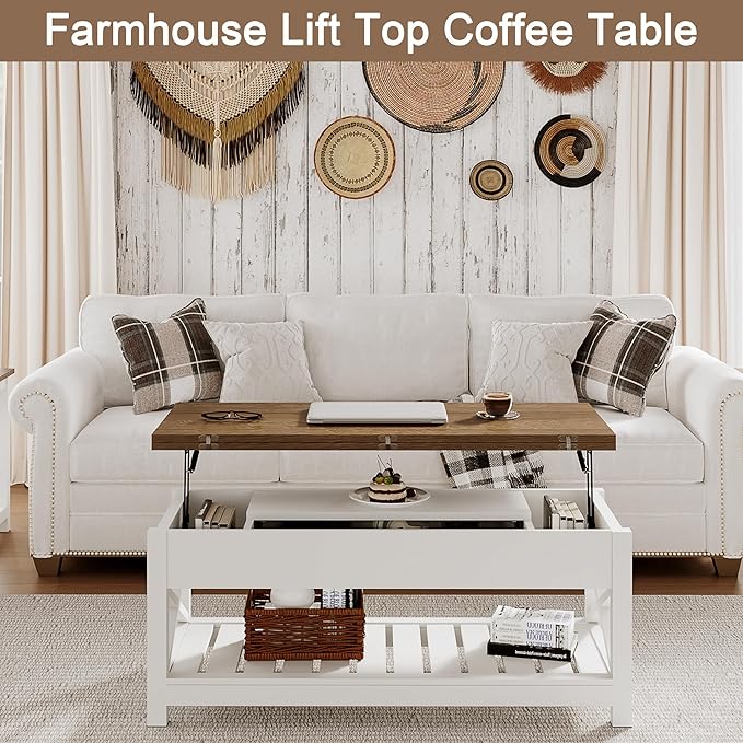 ChooChoo Farmhouse Lift Top Coffee Table, Multi-Function Convertible Coffee Table with Storage and Hidden Compartment, Converts to Dining Table for Living Room, 40 White & Brown