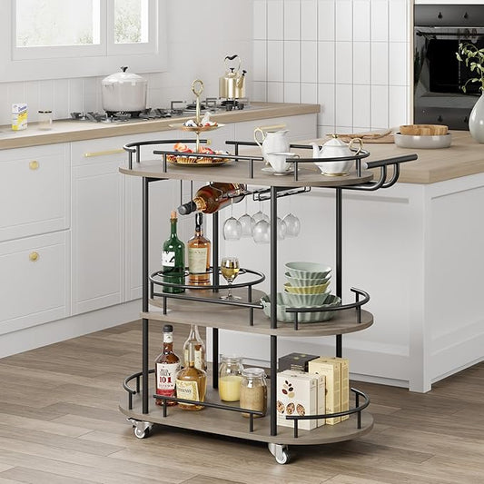 GarveeHome Black Bar Carts with 4-Tiers Storage Shelves，Mobile Bar Seving Carts On Wheels with Wine Rack and Glass Holder for Kitchen, Dining Room, Living Room-Black+Grey