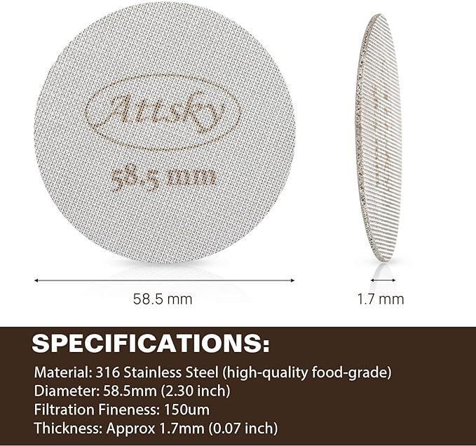 Attsky 58.5mm Espresso Puck Screen, Espresso Filter for 58mm Portafilter Filter Basket, Reusable Espresso Screen with 1.7mm Thickness 150μm 316 Stainless Steel