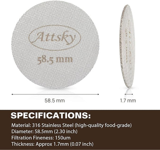 Attsky 58.5mm Espresso Puck Screen, Espresso Filter for 58mm Portafilter Filter Basket, Reusable Espresso Screen with 1.7mm Thickness 150μm 316 Stainless Steel