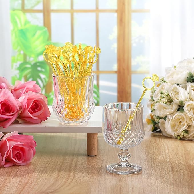 30 Pcs 6 Inch Diamond Ring Coffee Stirrers Reusable Cocktail Wedding Drink Stirrers Golden Silver Plastic Beverage Swizzle Stick for Wedding Party Festival (Golden)