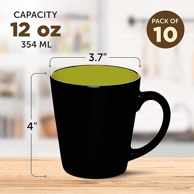 DISCOUNT PROMOS Ceramic Coffee Latte Mugs 12 oz. Set of 10, Bulk Pack - Perfect for Coffee, Tea, Espresso, Hot Cocoa, Other Beverages - Lime Green