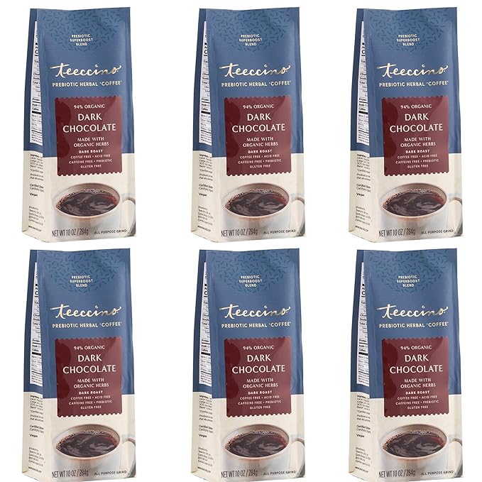 Teeccino Dark Chocolate Prebiotic SuperBoost™ Coffee Alternative - 10 Ounce - Support Probiotics with Caffeine-Free Herbal Coffee Featuring 3 Vegan Prebiotics for Gut Health, (Pack of 6)