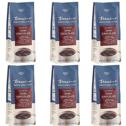 Teeccino Dark Chocolate Prebiotic SuperBoost™ Coffee Alternative - 10 Ounce - Support Probiotics with Caffeine-Free Herbal Coffee Featuring 3 Vegan Prebiotics for Gut Health, (Pack of 6)