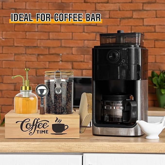 Coffee Container with Syrup Dispenser and Shelf & Spoon,40oz Air tight Glass Storage Jars and 16.9oz Glass Syrup Bottle,Coffee Bar Accessories for Kitchen Organization(1 Jar 1 Dispenser)