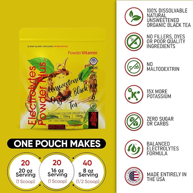 PowderVitamin Electrolytes Powder Plus (20 Servings) Unsweetened Black Tea Electrolyte Powder Keto,SugarFree, Pink Himalayan Salt,1000mgPotassium,150mgCalcium,150mgMagnesium,Hydration Powder NO STEVIA