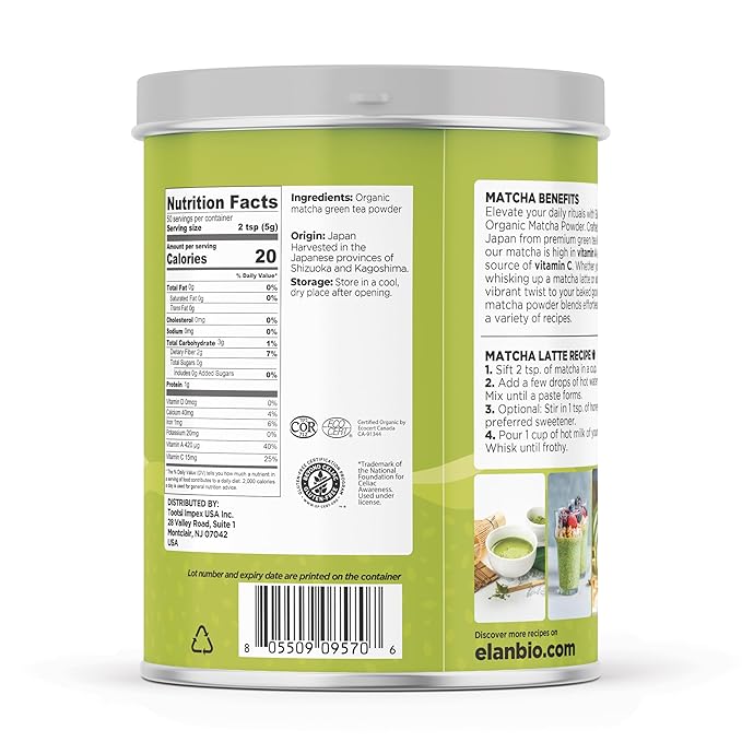 Elan Organic Matcha Tea Powder, Non-GMO, Vegan, Gluten-Free , 8.8 oz (Pack of 6)