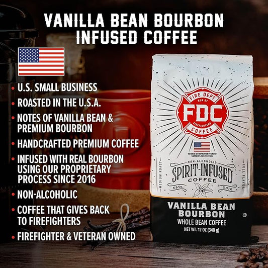 Fire Department Coffee - Vanilla Bourbon Coffee - Gives Back to Firefighters - Vanilla Bean Bourbon Infused Ground - Non-Alcoholic - Roasted in the USA - Veteran Owned (12 oz, Pack of 2)