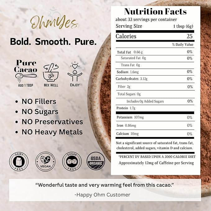 Pure Raw Organic Cacao Powder | Premium Ceremonial Grade Cacao | Natural Source of Flavanols, Magnesium, Iron & Theobromine | Sugar-Free Hot Cocoa Chocolate Drink & Baking Mix | Unsweetened - (33 Servings)