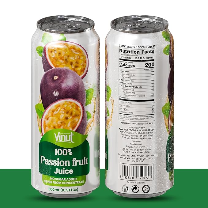 VINUT 100% Passion Fruit Juice, No Added Sugar, Not From Concentrate, 16.9 fl oz (500 mL) Can, Pack of 6