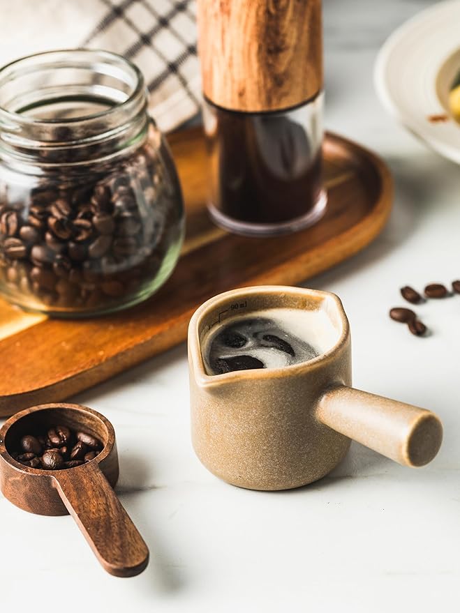 YHOJOY Espresso Measuring Cup, Ceramic Espresso Cup with Handle, Expresso Shots Cups Double Spouts Milk Cup, Espresso Accessories, 3 Oz/ 90 Ml, Brown