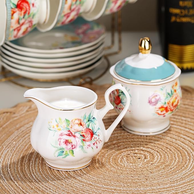 fanquare 21-Piece Green and Floral Porcelain Tea Set, Vintage Ceramic Tea Cup and Saucer Set for 6, Teapot Set for Women Party