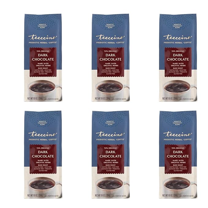 Teeccino Dark Chocolate Prebiotic SuperBoost™ Coffee Alternative - 10 Ounce - Support Probiotics with Caffeine-Free Herbal Coffee Featuring 3 Vegan Prebiotics for Gut Health, (Pack of 6)