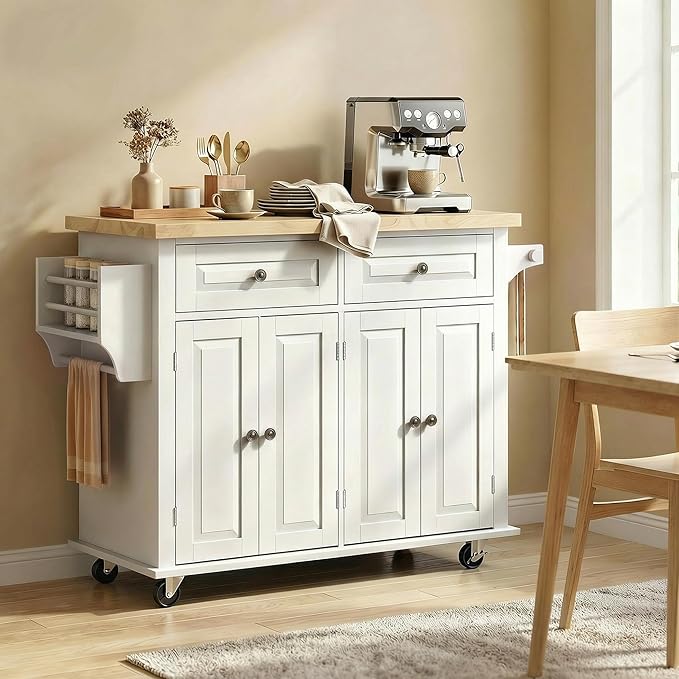 HOMCOM Kitchen Island Cart with Rubber Wood Top, Rolling Kitchen Island Table on Wheels with Drawers, Adjustable Shelves, Spice Rack and Towel Rack for Dining Room, White
