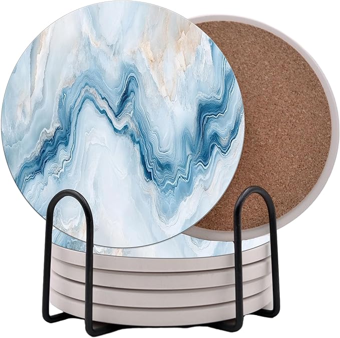 Blue Agate Marble Round Coasters Set of 6 - Abosrbent Ceramic Coasters with Metal Stand for Drinks, Coffee, Non-Slip Cork Back for Tabletop Protection, 4 Inches Marbled Pattern (Light Blue)
