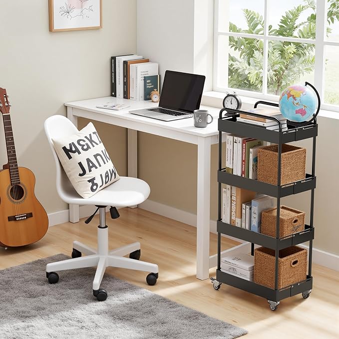 HOTEAGLE 4-Tier Rolling Cart Metal Expandable Utility Carts with Wheels, Ideal Storage Organizer for Livingroom, Bedroom, Kitchen and Bathroom, Black