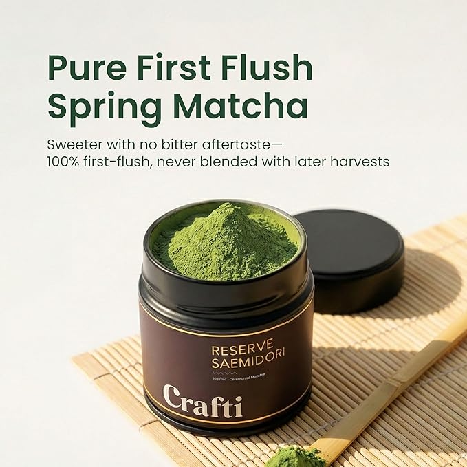 Crafti Ceremonial Grade Matcha Powder | 100% First Harvest | Single Cultivar | Saemidori | Unsweetened Authentic Japanese Matcha Green Tea Powder from Yame, Fukuoka (30g / 1.06oz)