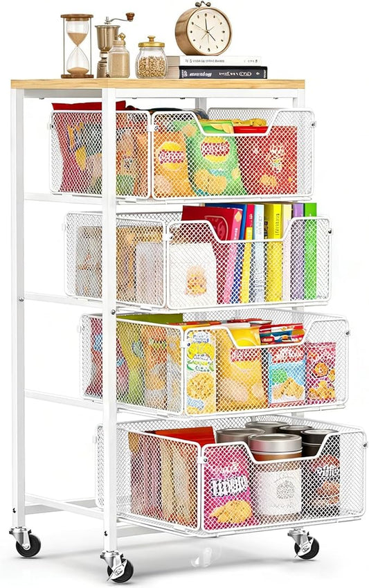 Rolling Cart with Drawers, 4-Tier Utility Cart Storage Organizer with Lockable Wheels, Metal Craft Storage Cart with Wooden Top for Kitchen, Bathroom, School, Studio, Office, Bedroom, White