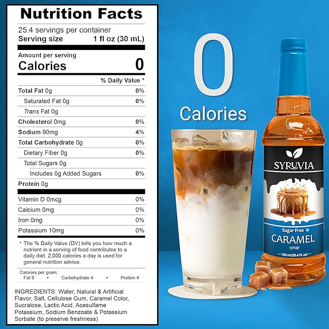 Syruvia Sugar-Free Caramel - 25.4 fl oz. Premium Coffee Flavoring Syrup. 0 Calories, Kosher, and Gluten-Free. Perfect for Drinks, Sodas, Shakes, Desserts, and More With Pump (Pack of 3)
